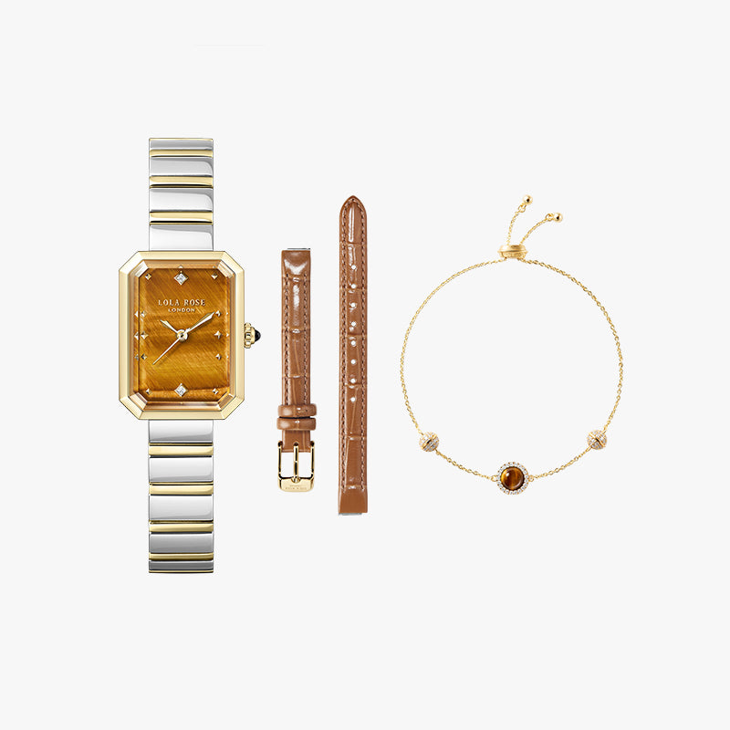 Ms Lola Tiger’s Eye Watch With Two Strap Set & Bracelet Gift Set