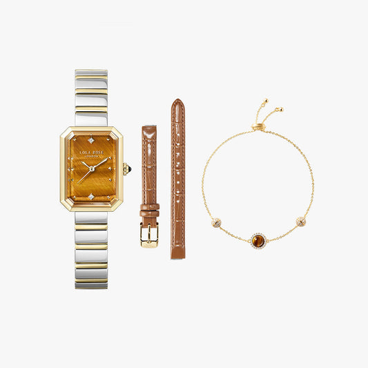 Ms Lola Tiger’s Eye Watch With Two Strap Set & Bracelet Gift Set