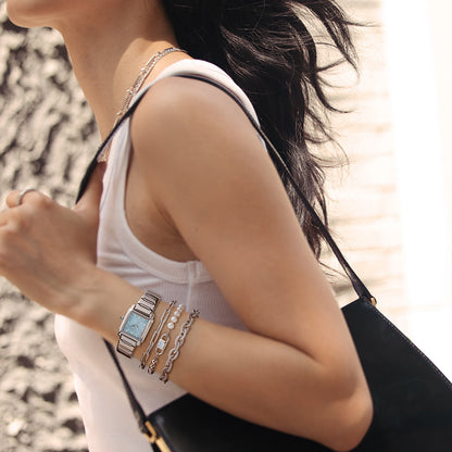 Urban Blue Square Quartzite Jade Watch & Pearl Crystal Bracelet Gift Set
