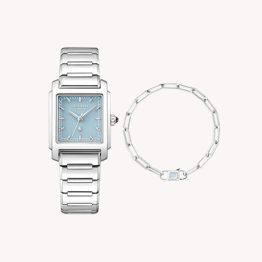Urban Blue Square Quartzite Jade Watch & Link Chain Bracelet Gift Set