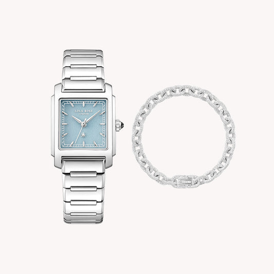 Urban Blue Square Quartzite Jade Watch & Oval Chain Bracelet Gift Set