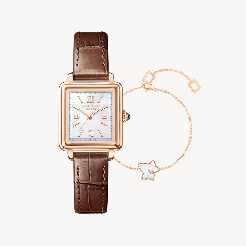 Cube Mother of Pearl Watch & Bead Bracelet Gift Set