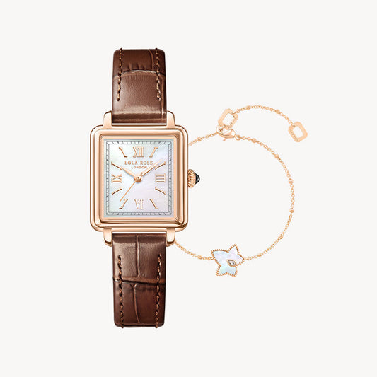 Cube Mother of Pearl Watch & Bead Bracelet Gift Set