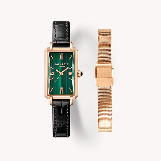 Slender Waist Malachite Textured Watch with Two Strap Set