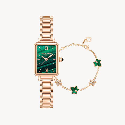 Rose Gold Malachite Textured Watch & Bracelet Gift Set