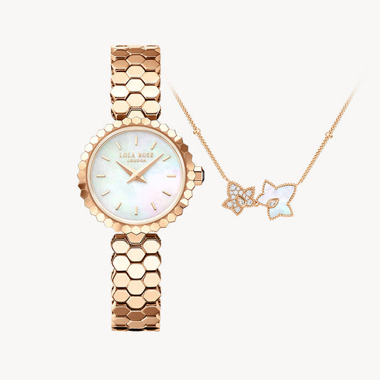 Honeycomb Mother of Pearl Watch & Ivy Necklace Gift Set