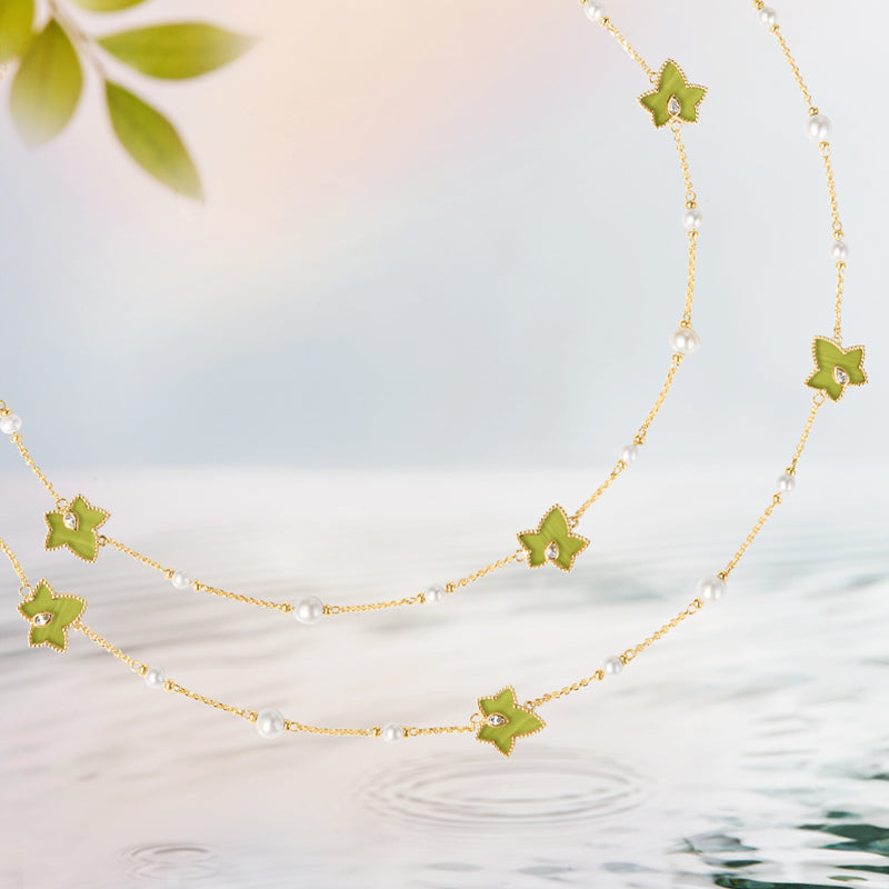 Lola Rose x AHALOLO Ivy Collection Long Green Calcite Necklace, 10-leaf motif