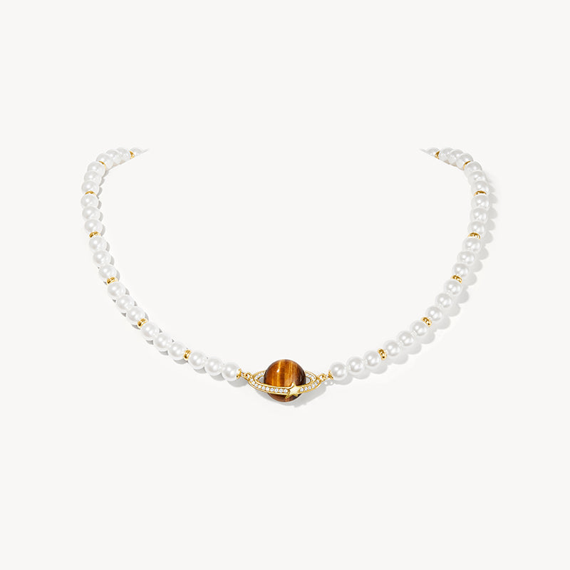 Heliocentric Freshwater Pearl Tiger's Eye Necklace