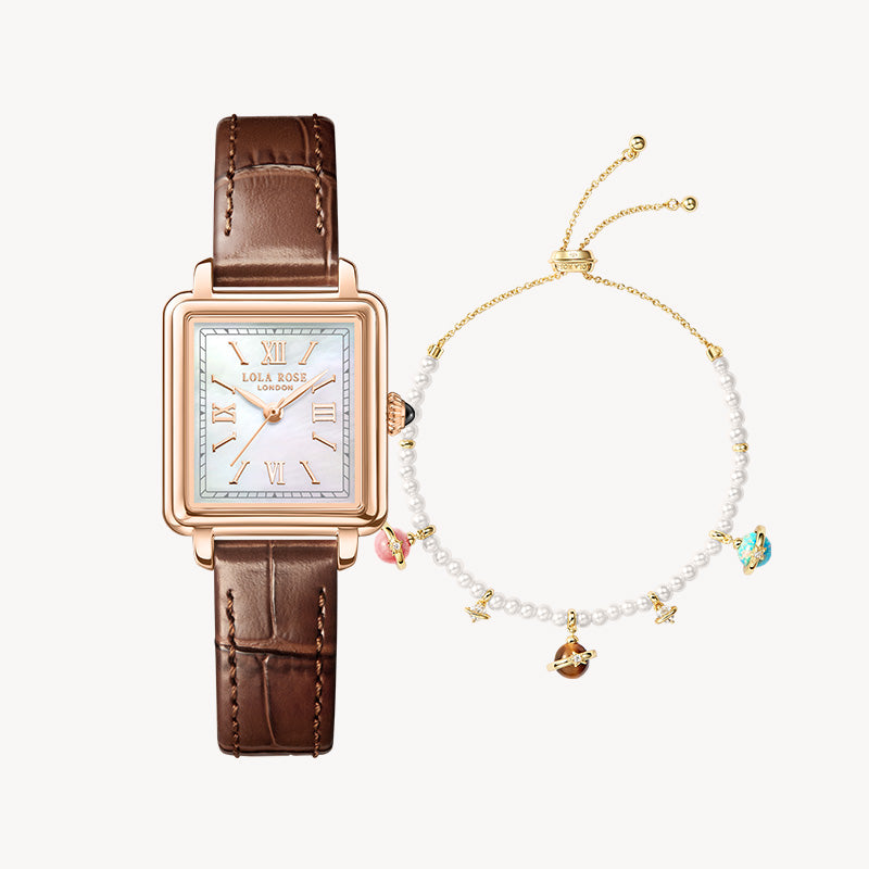 Cube Mother of Pearl Watch & Pearl Bracelet Gift Set