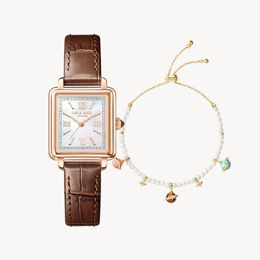 Cube Mother of Pearl Watch & Pearl Bracelet Gift Set