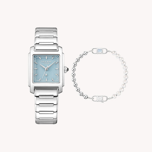 Urban Blue Square Quartzite Jade Watch & Pearl Crystal Bracelet Gift Set